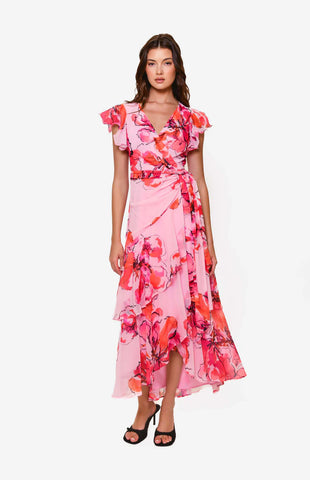 Powder pink & poppy wrap dress