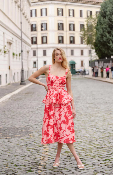 Red lipstick floral midi dress