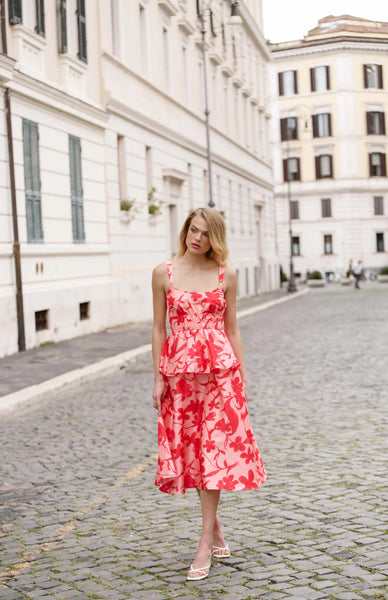 Red lipstick floral midi dress